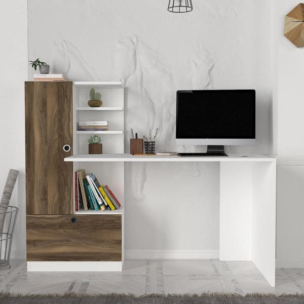 Dekorister Domingos Kitaplıklı Çalışma Masası Beyaz-Ceviz - Image 1