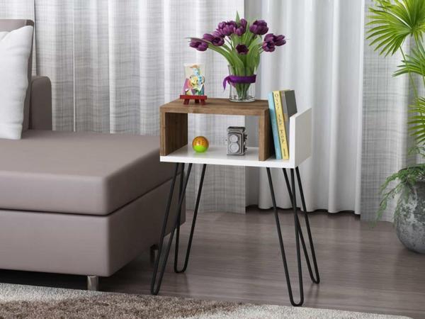 Dekorister Kristal Metal Ayaklı Yan Sehpa Beyaz-Ceviz - Image 1