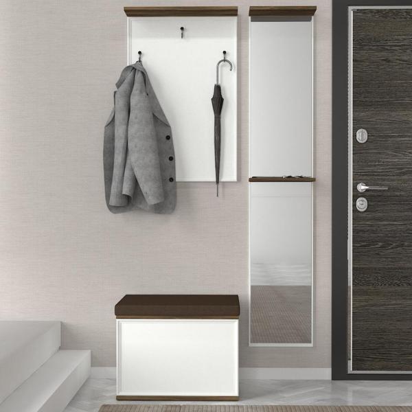 Dekorister Lonya Aynalı Sandıklı Puflu Portmanto Beyaz-Ceviz - Image 1
