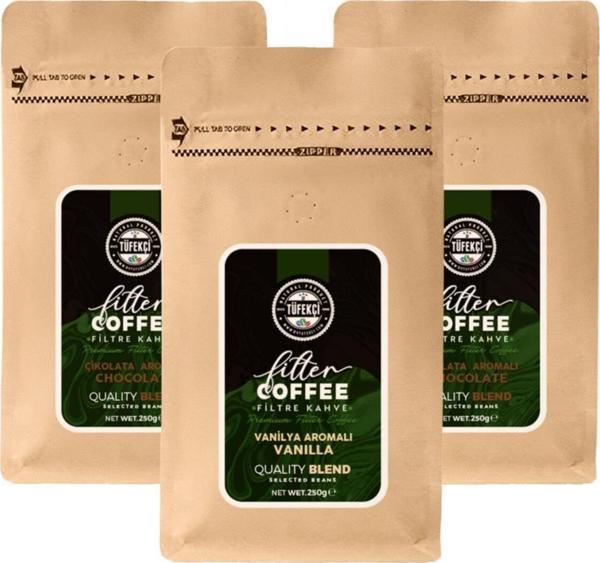 By Tüfekçi 3Lü Çikolata, Swiss Chocolate Ve Vanilya Aromalı Filtre Kahve Seti 3X250 Gr - Image 1
