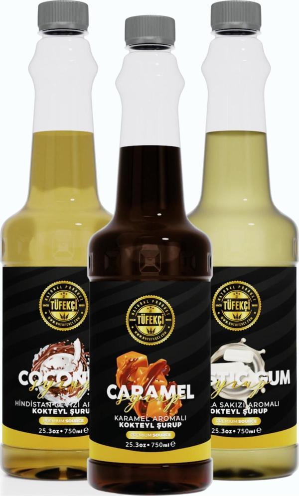By Tüfekçi Avantajlı 3'Lü Paket (Karamel Hindistan Cevizi Damla Sakız) Kahve Şurubu 750 Ml - Image 1