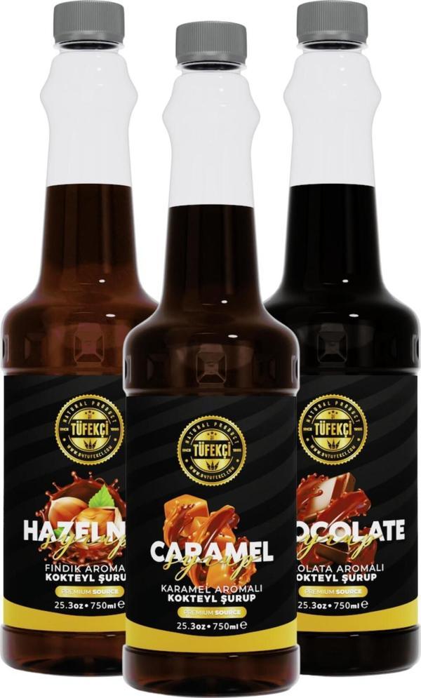 By Tüfekçi Karamel-Çikolata-Fındık 3'Lü Avantajlı Paket Kokteyl, Pasta Ve Kahve Şurubu (750 Ml X 3)! - Image 1
