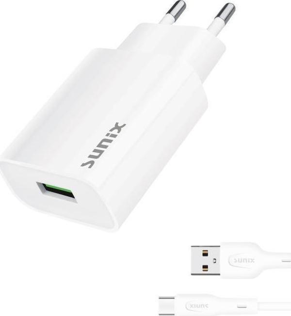 Sunix 2.6A USB-A Girişli Type-C Şarj Aleti Seti Beyaz S-27 - Image 1