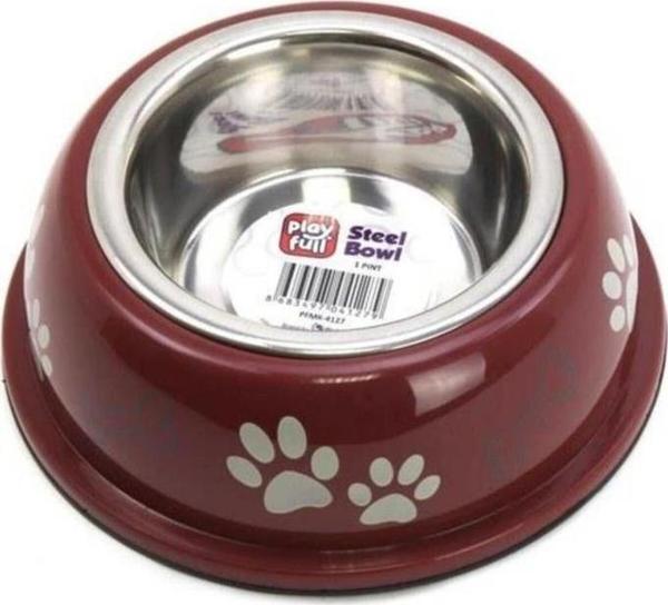 Playfull Pati ve Kemik Desenli Plastik Çerçeve İçinde Çelik Mama ve Su Kabı Kauçuk Tabanlı 1/2 Pint Cat - Image 1
