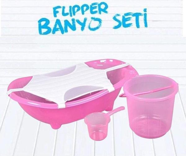 Flipper Bebek Banyo Küvet Seti - 4'lü Bebek Banyo Küveti - Şeffaf Pembe - Image 1
