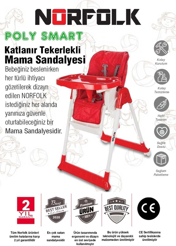 Norfolk Poly Smart Mama Sandalyesi, Portatif, Katlanır, Yükseklik Ayarlı, Tekerlekli, İçi Pedli - Kırmızı - Image 1