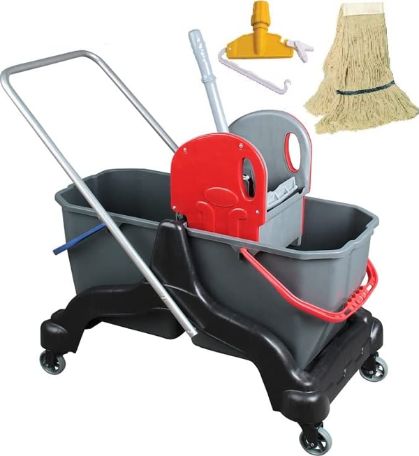 Safell Çift Kovalı Temizlik Arabası - Temizlik Seti Mop Ve Aparatı - 3 Parça Paspas Arabası - 25 Litre - Siyah - Image 1