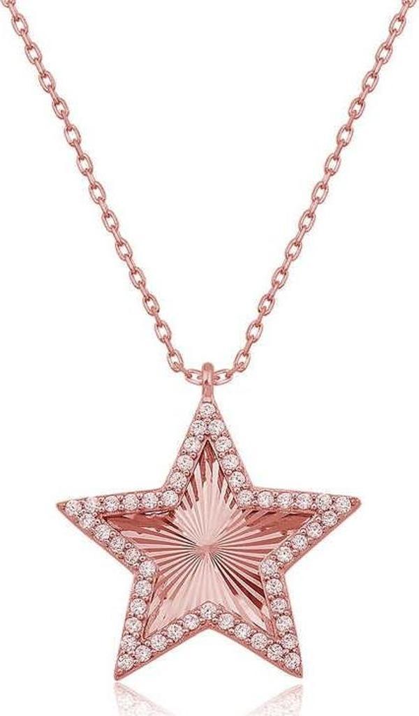 925 Ayar Gümüş Rose Fırfır Desenli Yıldız Kadın Kolye - Image 1