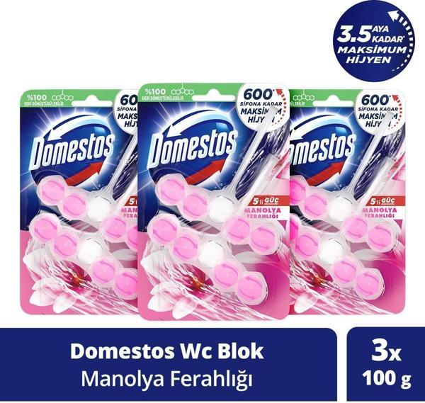 Domestos WC Blok 5'li Güç Tuvalet Bloğu Manolya Ferahlığı Maksimum Hijyen 100 G x 3 - Image 1