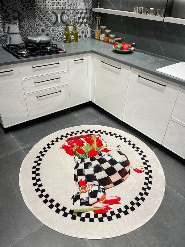 MacKenzie Damalı Garen Model Lateks Deri Taban Mutfak Halısı Krem 100 x 100 cm - Image 1