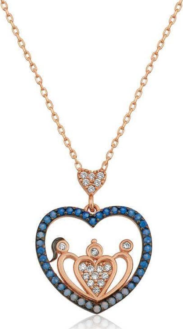 ​925 Ayar Gümüş Rose Kalpli Aile Kolye - Image 1