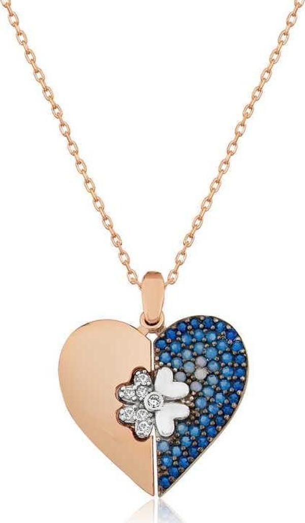 ​925 Ayar Gümüş Rose Kalpli Yonca Kolye - Image 1