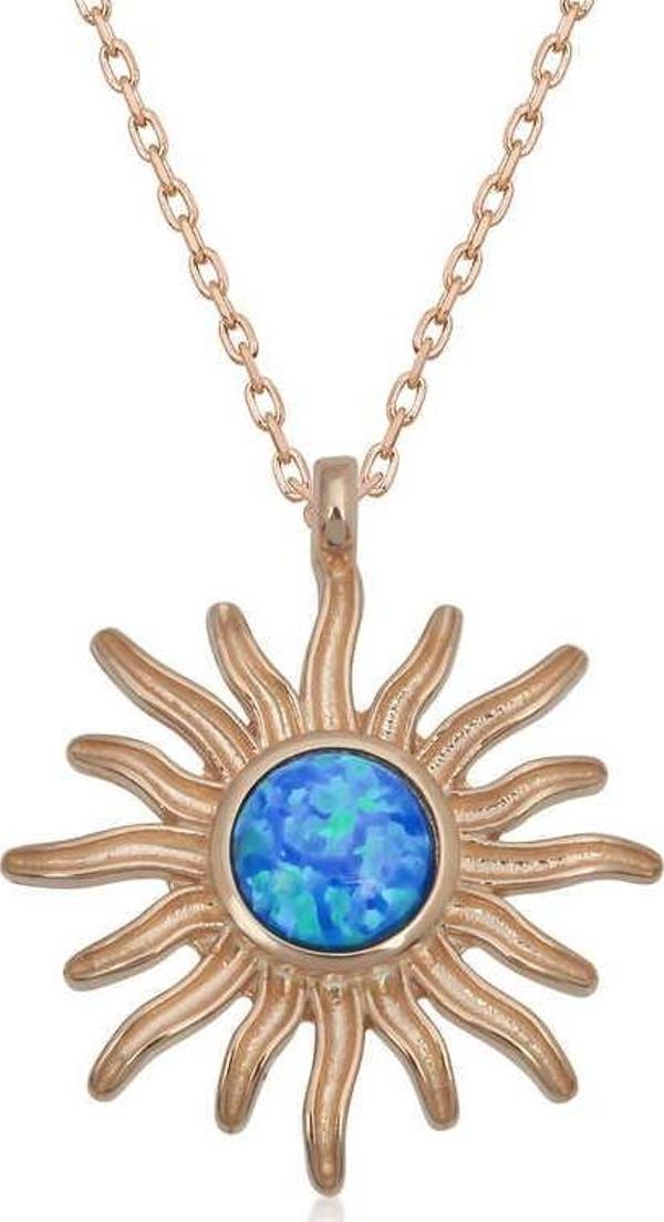 ​925 Ayar Gümüş Rose Mavi Opal Taşlı Güneş Kadın Kolye - Image 1