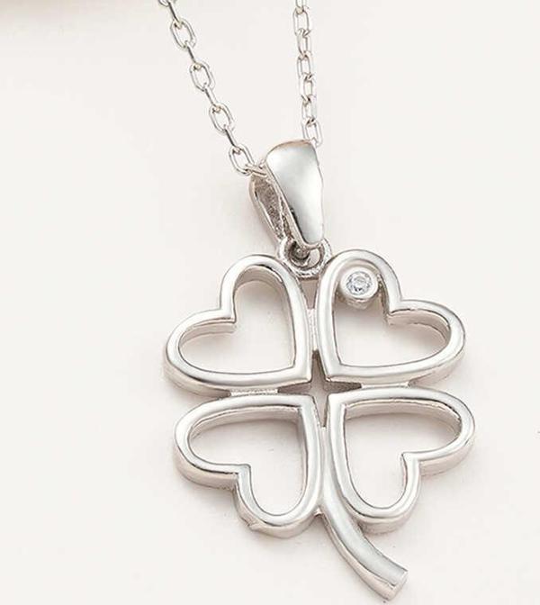 925 Ayar Gümüş Kalpli Dört Yapraklı Yonca Kadın Kolye - Image 1