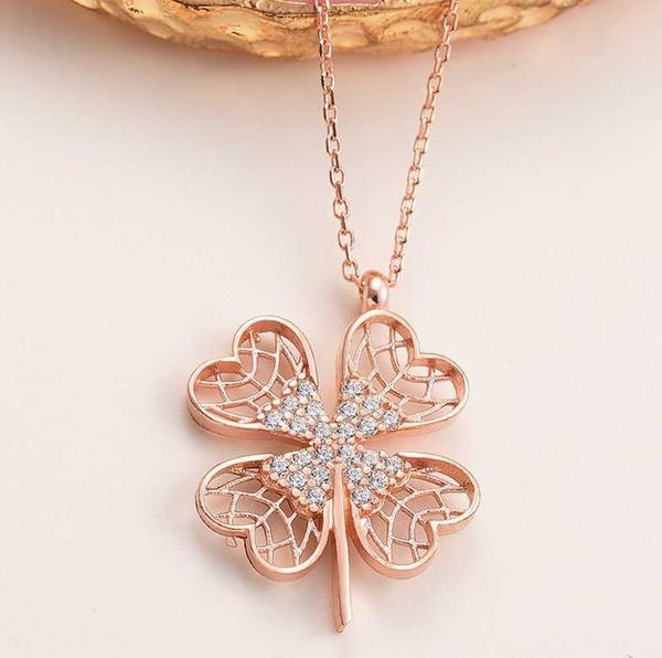 925 Ayar Gümüş Rose Dört Yapraklı Yonca Kadın Kolye - Image 1