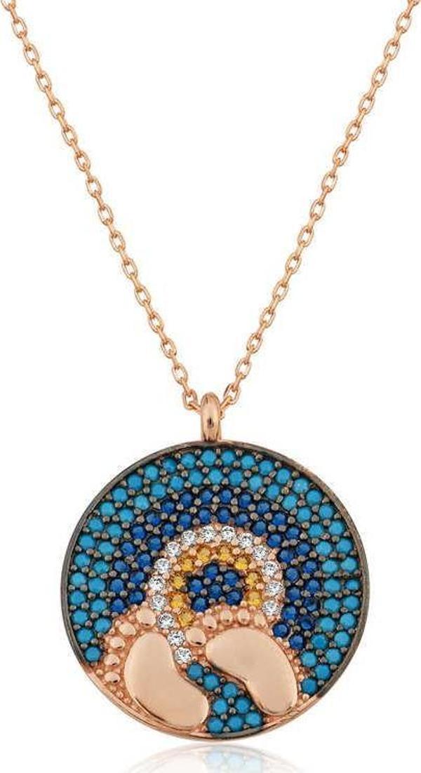 925 Ayar Gümüş Rose Nazarlı Bebek Ayak İzi Kolye - Image 1