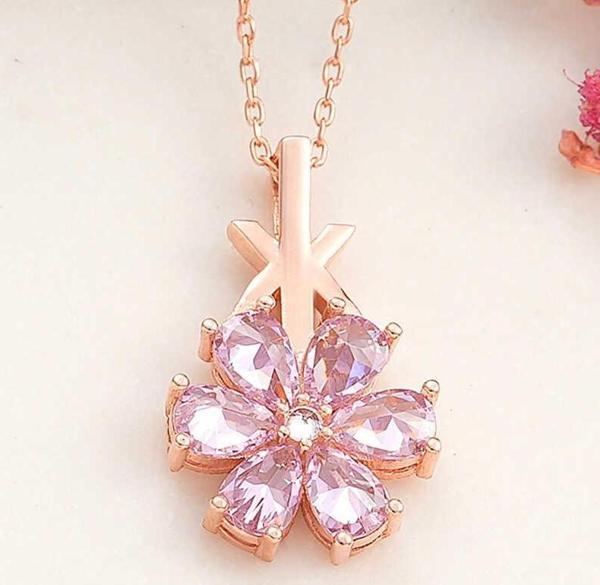 925 Ayar Gümüş Rose Pembe Sevgi Çiçeği Kadın Kolye - Image 1