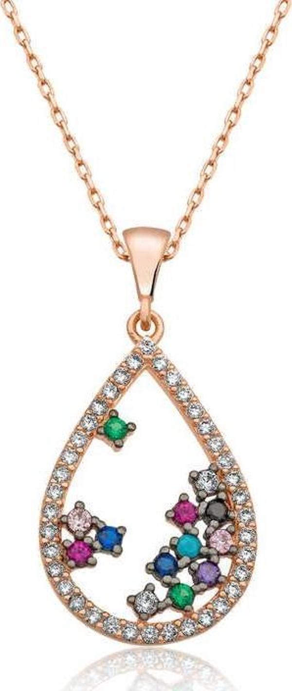 925 Ayar Gümüş Rose Renkli Taşlı Damla Kolye - Image 1