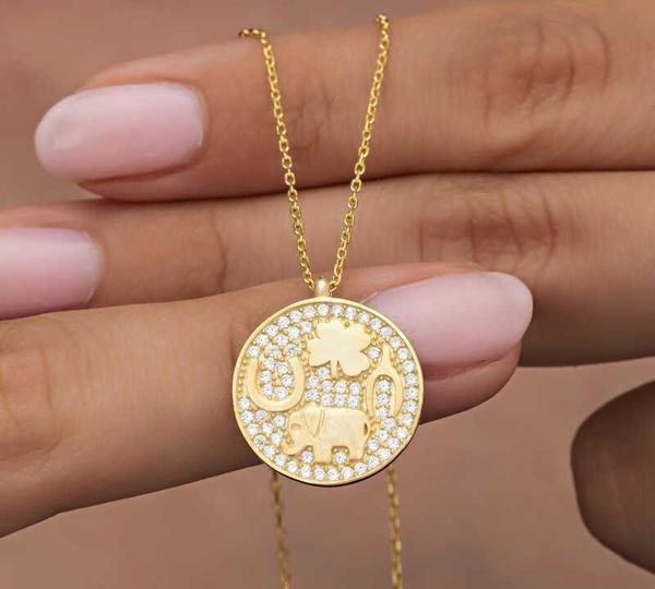 925 Ayar Gümüş Gold Fil Motifli Şans Kadın Kolye - Image 1