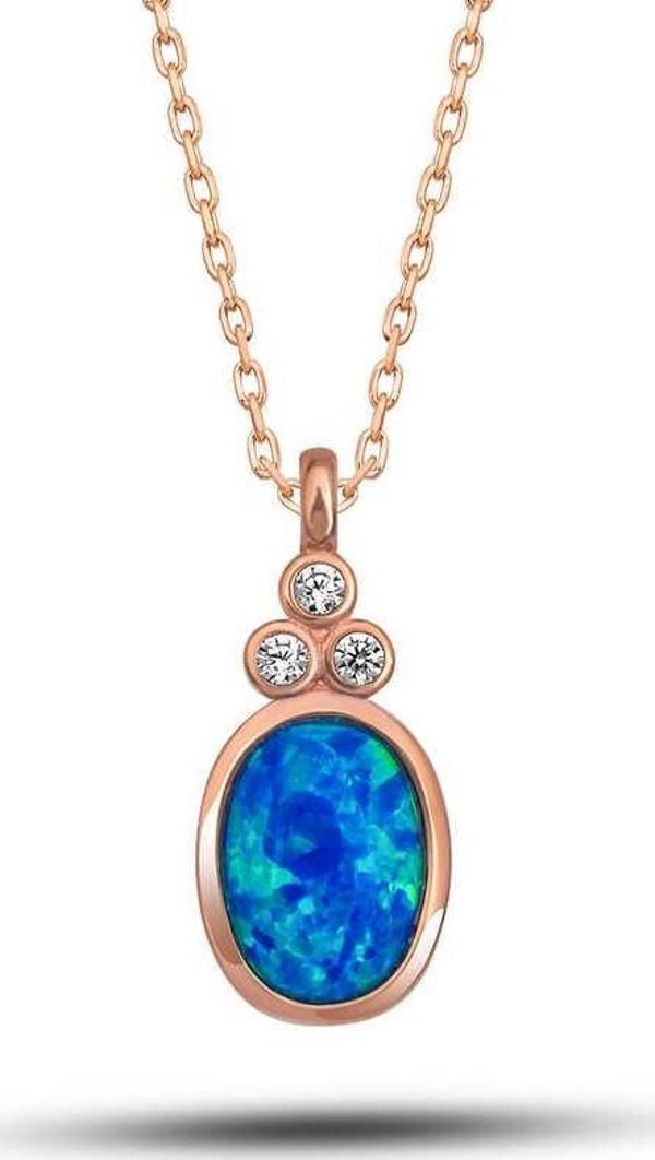 925 Ayar Gümüş Rose Mavi Opal Taşlı Ananas Kadın Kolye - Image 1