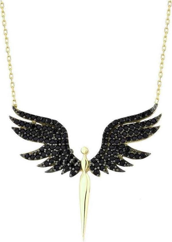 Mikail Kolye Serisi Siyah Zirkon Taşlı Kanat Kadın Kolye 925 Gümüş Zincirli - Image 1