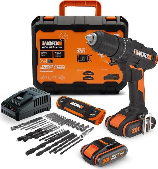 WORX WX370 20Volt/2Ah. Li-ion Çift Akülü Profesyonel Şarjlı Darbeli Matkap + 30 Parça Aksesuar Seti - Image 1