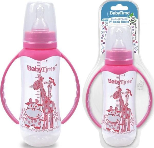 BabyTime Silikon Kiraz Uçlu Kulplu Biberon 150ml - Pembe - Image 1