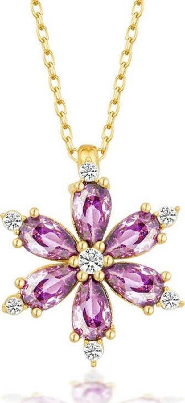 himarry 925 Ayar Gümüş Gold Mor Lotus Çiçeği Kadın Kolye - Image 1