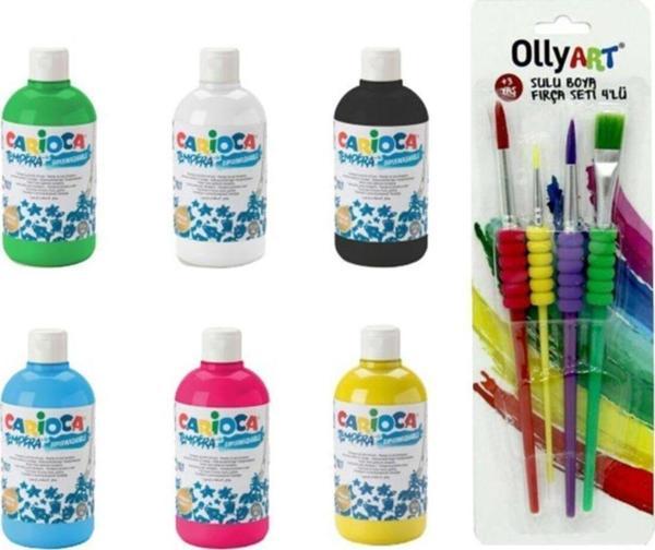 Carioca Tempera Süper Yıkanabilir Guaj - Sulu Boya Seti 6 Renk X 250 ml. + 4'lü Fırça Seti - Image 1
