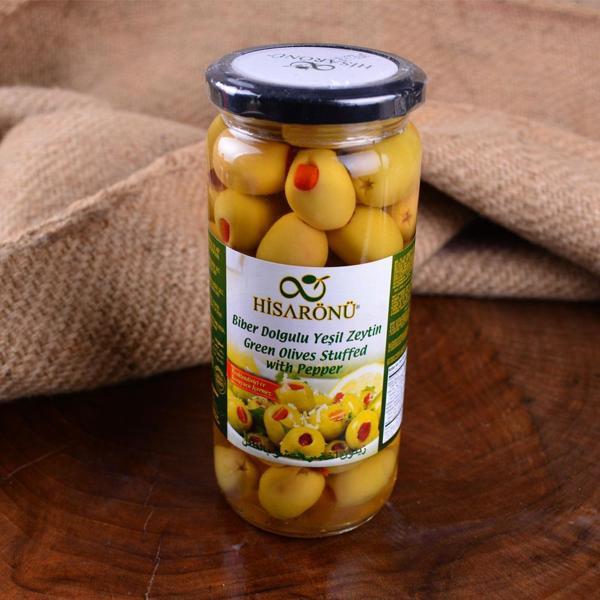 Hisarönü Kırmızı Biber Dolgulu Çekirdeksiz Yeşil Zeytin 475 g ℮ - Image 1