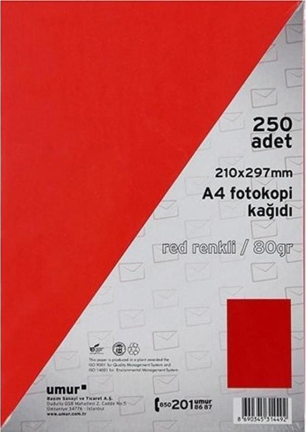 Umur Renkli Fotokopi Kağıdı Kırmızı Renk A4 250'li - Image 1