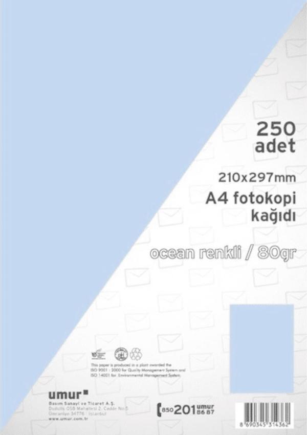 Umur Renkli Fotokopi Kağıdı Okyanus Mavisi Renk A4 250'li - Image 1