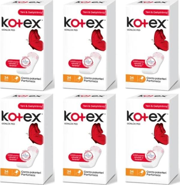 Kotex İnce Parfümsüz Günlük Ped 34'lü x 6 Paket - Image 1