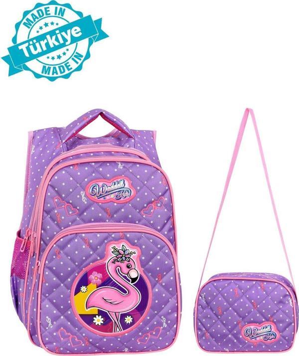Waddell Lisanslı Lila Flamingo Desenli Emboos İlköğretim Okul Sırt Çantası Ve Beslenme Çantası - Image 1