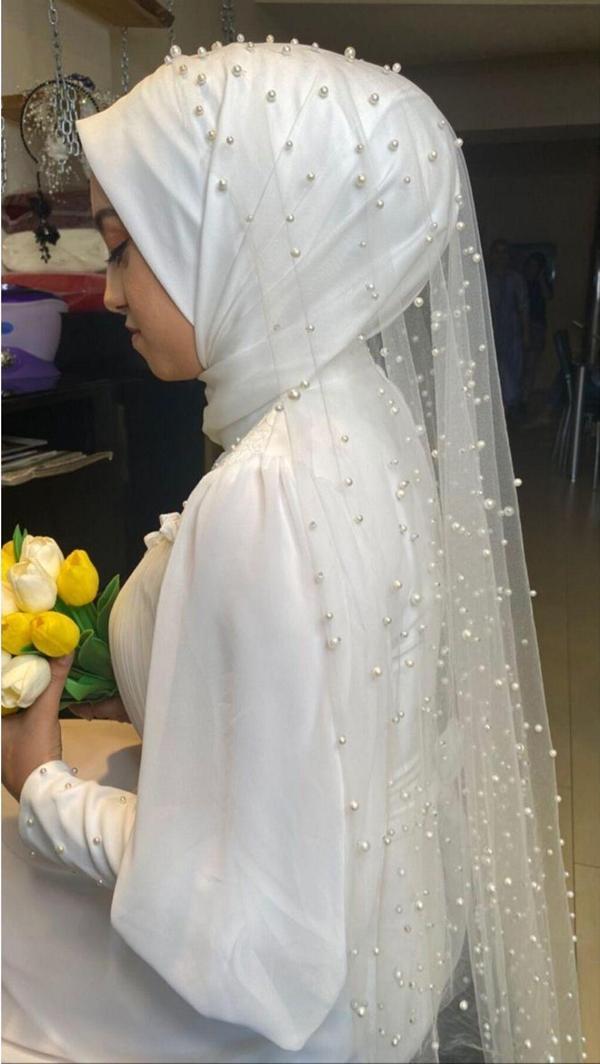 Bride Glim Tesettür Incili Kırık Beyaz Rahibe Duvak 1 Metre - Image 1