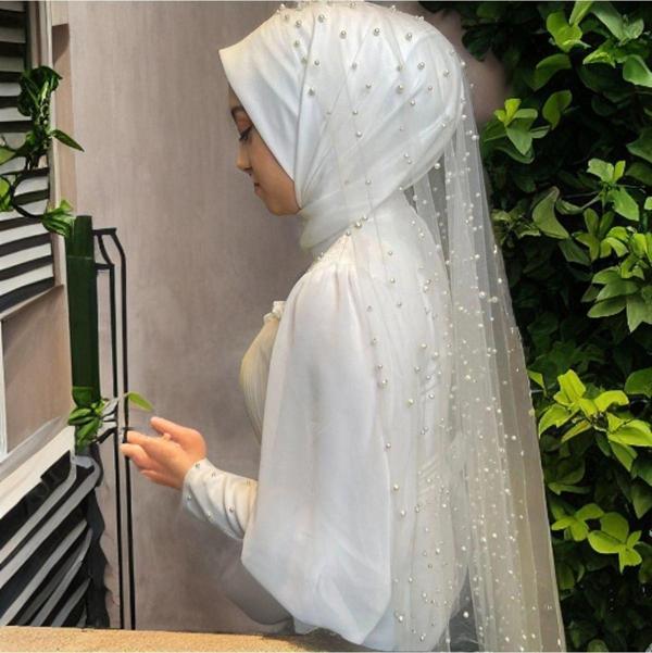 Bride Glim Tesettür Incili Kırık Beyaz Rahibe Duvak 3 Metre - Image 1