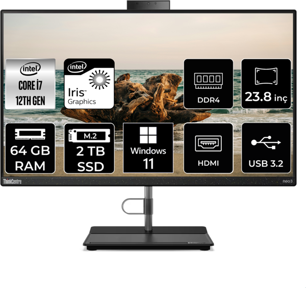 Lenovo THİNKCENTRE NEO 30A i7 1260P 64 GB RAM 2 TB SSD 23.8" FHD W11P ALL IN ONE PC 12B0008JTX - Image 1