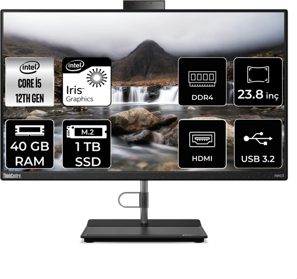 Lenovo THİNKCENTRE NEO 30A İ5 1235U 40 GB RAM 1 TB SSD 23.8" FHD FDOS ALL IN ONE PC 12CE004KTX - Image 1