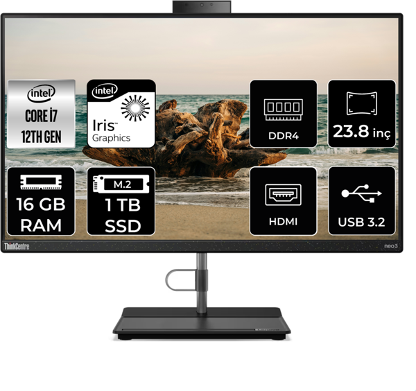 Lenovo THİNKCENTRE NEO 30A i7 1260P 16 GB RAM 1 TB SSD 23.8" FHD FDOS ALL IN ONE PC 12B0008JTX - Image 1