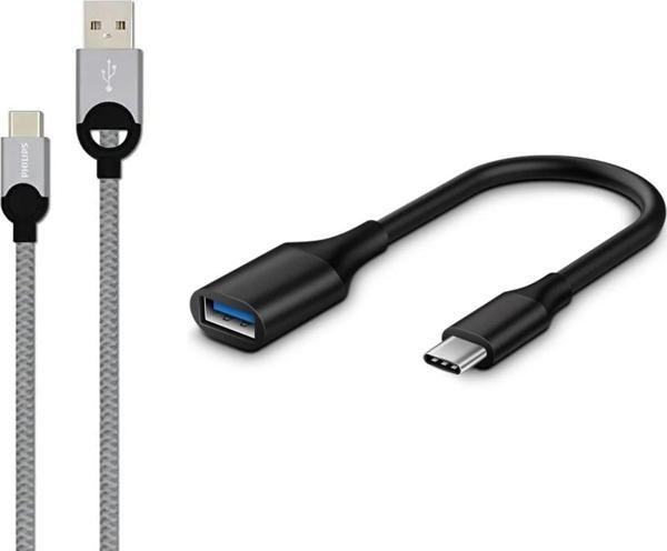 Philips 5A 100W UsbA to Type-C Örgülü 1.2M Hızlı Şarj Data Kablosu+ ScHitec Type-C to UsbA 3.0 OTG Dönüştürücü Adaptör - Image 1