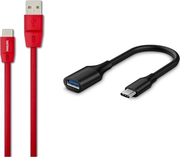 Philips 5A 100W UsbA to Type-C 1.8 M Hızlı Şarj ve Data Kablosu + ScHitec Type-C to UsbA 3.0 OTG Dönüştürücü Adaptör - Image 1