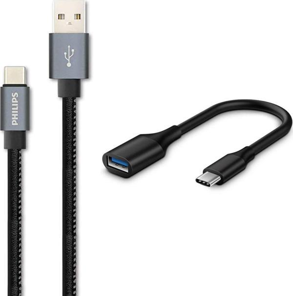 Philips 3A 60W UsbA to Type-C Deri Kaplama Hızlı Şarj Kablosu 1.2m + ScHitec Type-C to UsbA 3.0 OTG Dönüştürücü Adaptör - Image 1