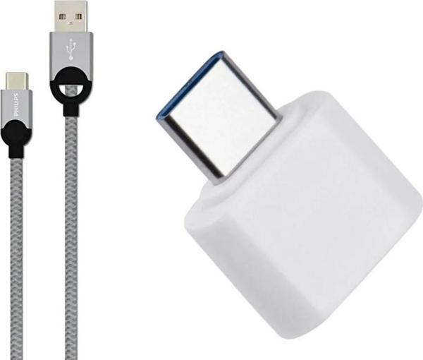 Philips 5A 100W UsbA to Type-C Örgülü 1.2M Hızlı Şarj ve Data Kablosu + ScHitec Type-C to UsbA 3.0 Dönüştürücü Adaptör - Image 1