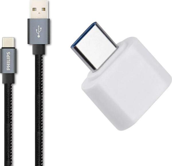 Philips 3A 60W UsbA to Type-C Deri Kaplama Hızlı Şarj Data Kablosu 1.2m + ScHitec Type-C to UsbA 3.0 Dönüştürücü Adaptör - Image 1