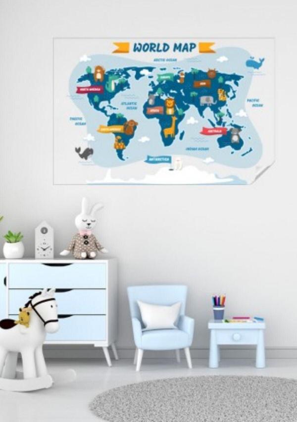 Evbuya Hayvanlı Dünya Haritası, Çocuklar Için Eğlenceli Dünya Haritası, Eğitici Oyuncak Çocuk Odası Sticker - Image 1