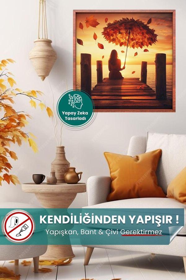 Pi Papers Yapraktan Şemsiyeli İskelede Oturan Kadın-Empresyonizm Tarz Statik Tutunan Akıllı Kağıt Duvar Poster - Image 1