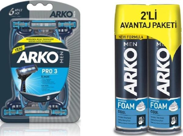 Arko Men Pro 3 Bıçaklı Tıraş Bıçağı 6'lı + Men Men Tıraş Köpüğü Cool 200 Ml X 2 - Image 1