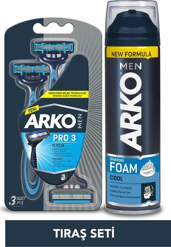 Arko T3 Pro 3 Bıçaklı Tıraş Bıçağı 3'Lü & Cool Tıraş Köpüğü 200 ml Avantaj Paketi - Image 1