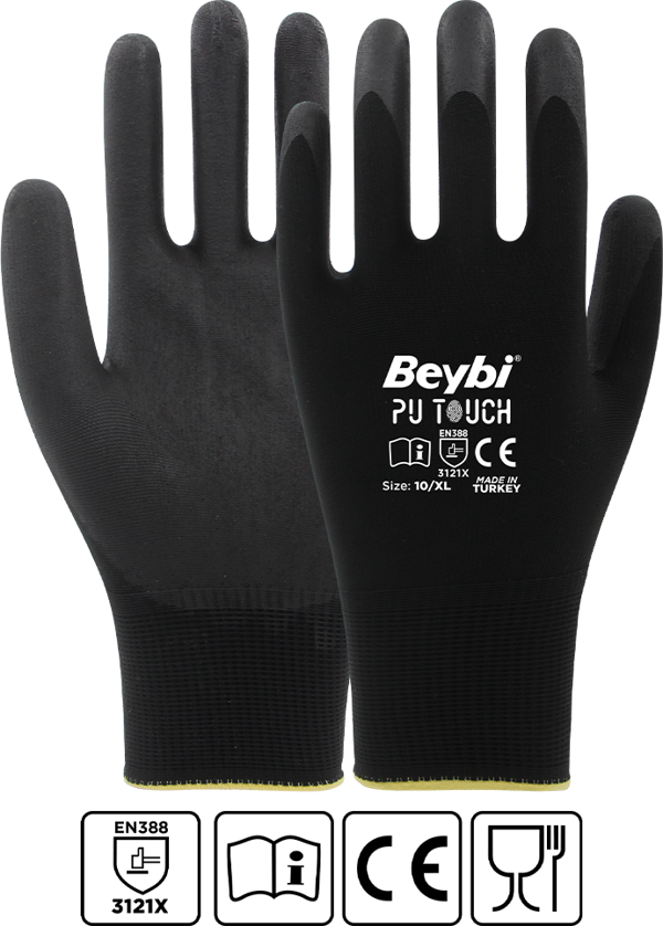 Beybi 7 Beden 12Li Paket  Poliüretan Kaplı Pu Touch Siyah Montaj Eldiven  En388 (3121X) - Image 1