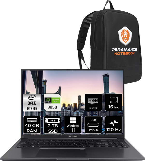 Asus Vivobook 16X K3605ZC i5 12450H 40GB 2TB SSD RTX3050 16'' FHD W11PRO N1013W & PER4 Çanta - Image 1